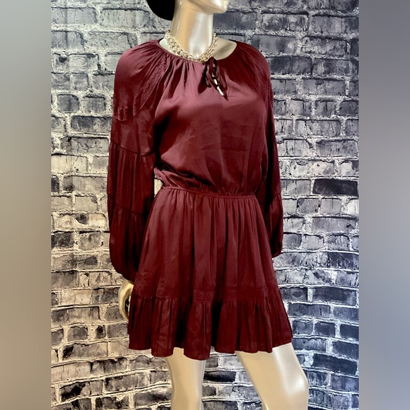 Burgundy Wine Maroon Long Baloon Sleeve Boho Mini Dress - Picture 2 of 6